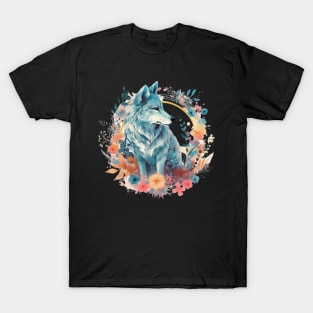 Colorful Wolf With Flowers T-Shirt